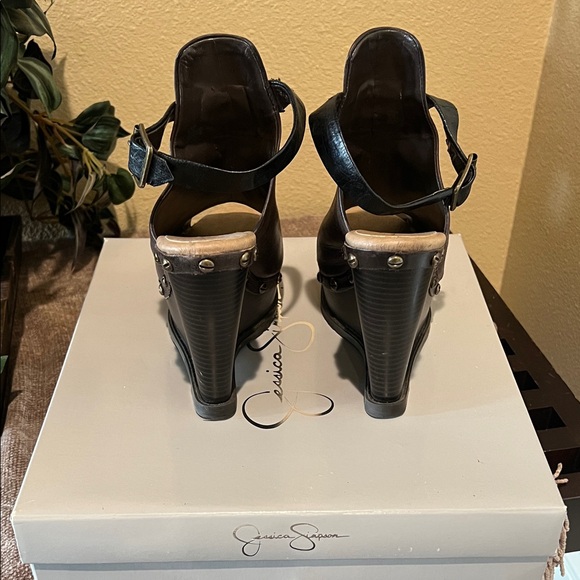 Jessica Simpson Dark Brown Leather Peep-Toe Mules - Picture 3 of 4